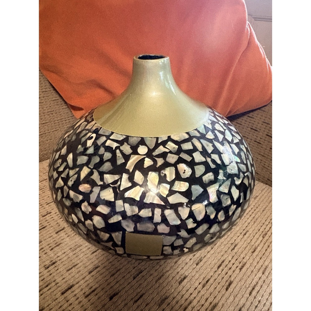 Murano Art Royal Ceramic Vase Mother Of Pearl Inset 9" Ht Decor